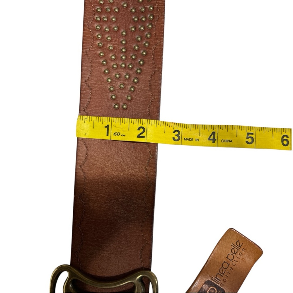 Linea Pelle Vintage Wide Brown Leather Belt Brass Design Large - Picture 9 of 14